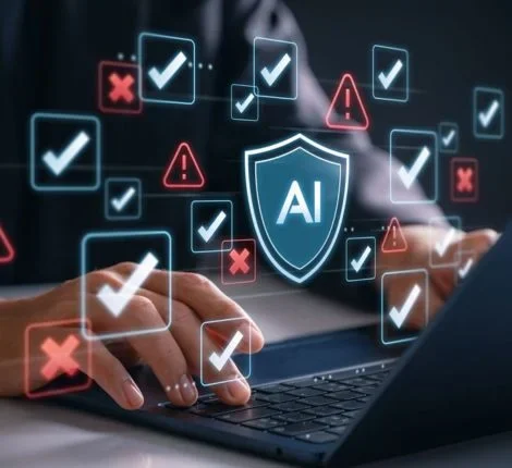 CGI images of AI logos superimposed over a pair of hands on a keyboard.